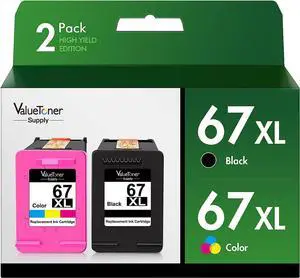 Supply Remanufactured Ink Cartridges Replacement for  67XL 67 XL for  Ink 67 for  Envy 6055 6055e 6052 6058 Envy Pro 6400 6455 6455e 6458 DeskJet 2732 2752 2755e 4155 4155e (2-Pack)