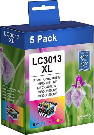 LC3011 LC3013 5PKS High Yield Compatible Ink Page Yield Up to 400 Pages/Cartridge Includes 2 Black, 1 Cyan,1 Magenta,1 Yellow  LC3013 Ink Cartridges for MFC-J491DW MFC-J497DW MFC-J895DW