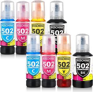 Poschink 502 T502 Ink Bottles Refill for Ecotank ET-2760 ET-15000 ET-2850 ET-4760 ET-3760 ET-2750 ET-3750 ET-3850 ET-4850 ET-3830 ET-3700 etc. Printers, Black Cyan Magenta Yellow, 8-Bottle Combo Pack