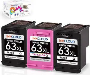 INKCLOUD Higher Yield 63XL Ink Cartridges Compatible with HP 63 Ink 63XL Work with HP OfficeJet 3830 4650 4655 5255 5258 Envy 4520 4512 4513 4516 DeskJet 1112 3630 2132 Printer(2 Black, 1 Tri-Color)
