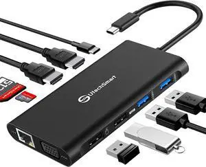 UtechSmart Docking Station, Triple Monitors USB C Laptop Docking Station, 11-1 USB C Dock with 2 HDMI, VGA, PD3.0, SD TF Card Slot, 4 USB Ports USB-C Adapter Compatible for MacBook & Windows(Black)