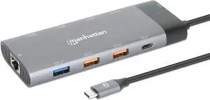 Manhattan USB C 10-in-1 Multiport Adapter Docking Station Hub with 100W Power Delivery - 1x8K & 1x4K HDMI, 1x10Gbps USB-C, 2x10Gbps USB-A, 3x5Gbps USB-A, Ethernet Port, 2ft Cable, Aluminum  130714