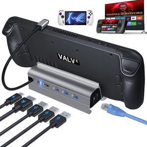 Docking Station for Steam Deck ROG Ally, 6 in 1 Stream Deck Dock with HDMI 2.0 4K@60Hz, 1000Mbps Gigabit Ethernet, 3 USB-A 3.0 and Full Speed Charging USB-C Port Compatible with Valve Steam Deck