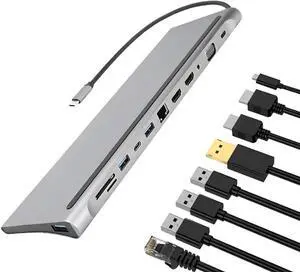 Docking Station, Dual HDMI 12 in 1 Display Laptop, USB 3.0 Docking Station Dual Display, VGA Out, 3.5mm Audio Out Support RJ45 for USB Flash Drive, Mouse, Keyboard Docking Station, Dual HDMI 12 in 1 Display Laptop, USB 3.0 Docking Station Dual Display, VGA Out, 3.5mm Audio Out Support RJ45 for USB Flash Drive, Mouse, Keyboard