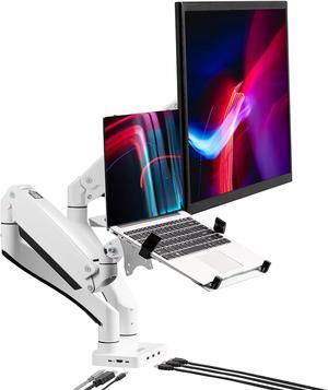 AVLT Dual 17-43" Monitor Arm Desk Mount with 15" Laptop Tray and USB-C Docking Station, HDMI 4K60Hz, USB-A 5Gbps, Ethernet, 100W PD, Fits Two Flat/Curved Monitor - White