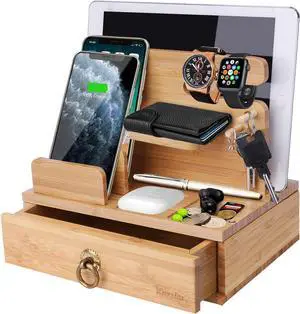 iCozzier Bamboo Multiple Device Desktop Charging Dock Station Watch Organizer Key Holder with Drawer for iWatch,AirPods,iPad,Smartphones,Tablets,Kindles