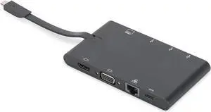 DIGITUS Multiport Docking Station - USB-C Dock 9 Ports - HDMI VGA, RJ45, 2X USB 3.0, 2X USB Type-C, Charging Port, Card Reader