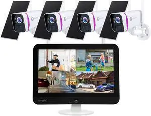 xmartO Solar Powered Wire-Free 4MP Home Solar Security Camera Wireless System with Screen(All-Weather Solar Charge, AI Motion Detection,Spot Light and Siren,SD & Cloud Storage