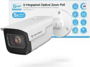 Amcrest 5MP Optical Zoom AI IP PoE Camera, Varifocal Outdoor IP POE Camera Bullet, Human & Vehicle Detection, 2.7mm~13.5mm Lens, IP67, 5X Optical Zoom, (IP5M-VB1286EW-AI)