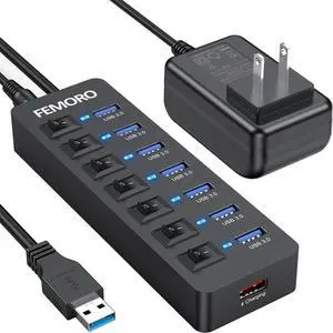 Powered USB Hub 3.0 5Gbps Data Transfer 7 Ports and 12W Charging-only 1 Port with 5V/3A Power Adapter 4Ft Long Cable & Individual Switches for Laptop PC Flash Drive External SSD HDD Keyboard Mouse