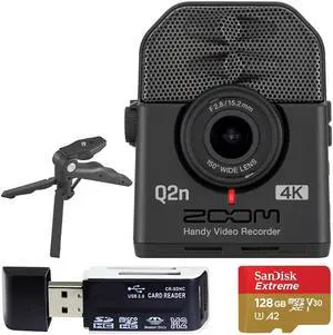 Zoom Q2n-4K Ultra High Definition Handy Video Recorder + SanDisk 128GB Memory Card with SD Adapter + USB Card Reader + Table Tripod Hand Grip
