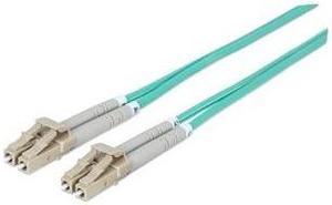 Intellinet Fiber Optic Patch Cable, Duplex, Multimode, LC/LC, 50/125 Âµm, OM3, 5.0 m (14.0 ft.), Aqua