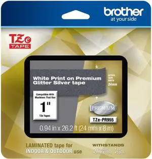 Brother TZePR955 White Print on Premium Glitter Silver Laminated Tape for P-touch Label Maker, 24mm (0.94”) wide x 8m (26.2') long