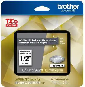 Brother TZePR935 White Print on Premium Glitter Silver Laminated Tape for P-touch Label Maker, 12mm (0.47”) wide x 8m (26.2') long