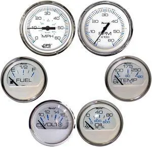 Faria Chesapeake White w/Stainless Steel Bezel Boxed Set of 6 - Speed, Tach, Fuel Level, Voltmeter, Water Temperature