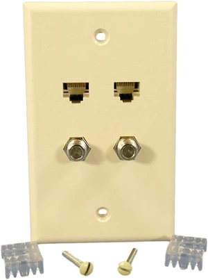 Leviton 5EA10-S4T Data & Video Wall Plate, 2 Category 5e Networking Jacks, 110-Type Punchdown Termination, 2 F-Type Coaxial Cable Jacks, Unbreakable Nylon, Standard Size, Light Almond Leviton 5EA10-S4T Data & Video Wall Plate, 2 Category 5e Networking Jacks, 110-Type Punchdown Termination, 2 F-Type Coaxial Cable Jacks, Unbreakable Nylon, Standard Size, Light Almond