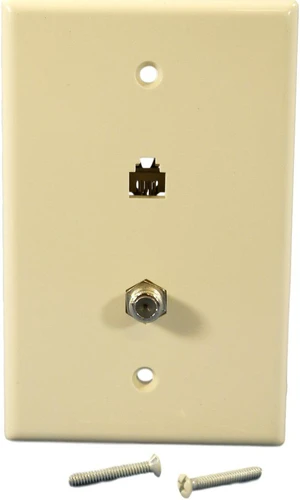 Cooper Wiring Devices 3536-4A Combination Coaxial Cable Telephone Jack Wall Plate, 4-Wire 6-Position, F-Type Video Jack, Mid-Size, Unbreakable Thermoplastic, Almond Cooper Wiring Devices 3536-4A Combination Coaxial Cable Telephone Jack Wall Plate, 4-Wire 6-Position, F-Type Video Jack, Mid-Size, Unbreakable Thermoplastic, Almond