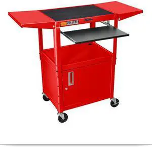 Red 24W X 18D X 24 42H Steel Adjustable Height AV Cart  with Cabinet and Pullout Tray and Drop Leaf