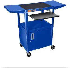 Royal Blue 24W X 18D X 24 42H Steel Adjustable Height AV Cart  with Cabinet and Pullout Tray and Drop Leaf