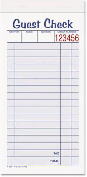 Adams Guest Check Unit Set Carbonless Duplicate 6 7/8 x 3 3/8 50 Forms 10/Pack