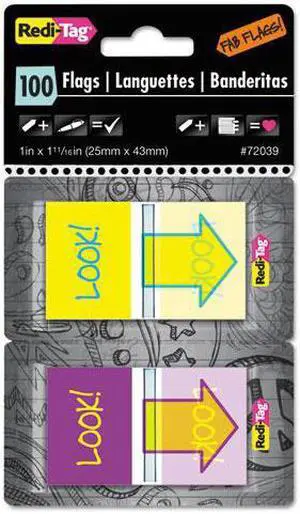 Redi-Tag Pop-Up Fab Page Flags w/Dispenser "Look!" Purple/Yellow; Yellow/Teal 100/Pack 72039