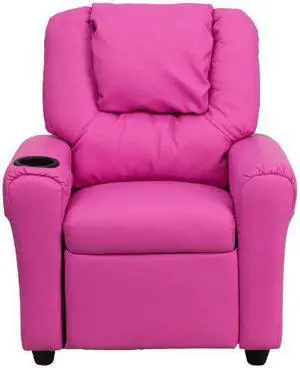 Contemporary Hot Pink Vinyl Kids Recliner with Cup Holder and Headrest