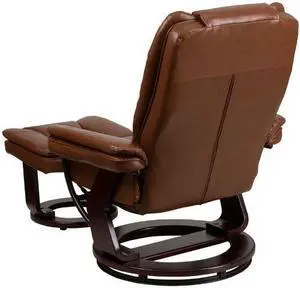 Contemporary Multi-Position Recliner with Horizontal Stitching and Ottoman with Swivel Mahogany Wood Base in Brown Vintage Leather