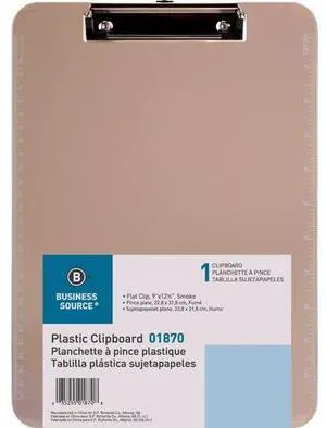 Business Source Flat Clip Plastic Clipboard - 9" x 12" - Low-profile - Plastic - Smoke - 6 / Bundle  BSN01870BD