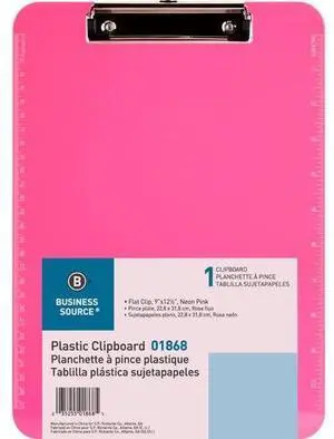 Business Source Flat Clip Plastic Clipboard - 9" x 12" - Low-profile - Plastic - Neon Pink - 6 / Bundle  BSN01868BD