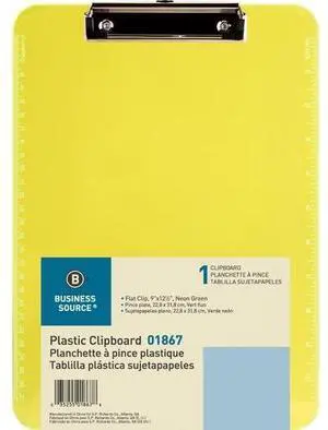 Business Source Flat Clip Plastic Clipboard - 9" x 12" - Low-profile - Plastic - Neon Green - 6 / Bundle  BSN01867BD