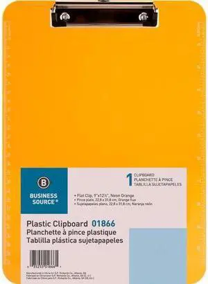 Business Source Flat Clip Plastic Clipboard - 9" x 12" - Low-profile - Plastic - Neon Orange - 6 / Bundle  BSN01866BD