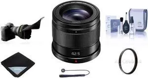 Panasonic LUMIX G 42.5mm f/1.7 Aspherical Lens for Micro Four Thirds, Bundle with 37mm UV Filter, Flex Lens Shade, Lens Wrap, Cleaning Kit, Lens Cap Tether