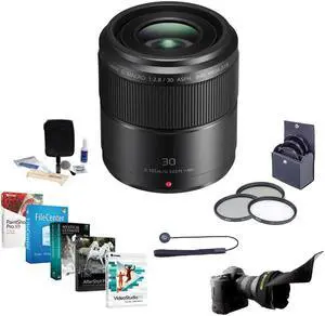 Panasonic LUMIX G Macro 30mm f/2.8 Aspherical Lens for Micro Four Thirds, Bundle with 46mm Filter Kit, Flex Lens Shade, Cleaning Kit, Lens Cap Tether, PC Software Kit
