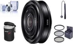 Sony E 20mm f/2.8 Lens for Sony E, Black, Bundle with 49mm Filter Kit, Lens Case, Cleaning Kit, Lens Cap Tether