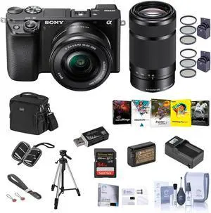 Sony Alpha a6100 Mirrorless Digital Camera with 16-50mm & 55-210mm Lenses - Bundle With Camera Case, 64GB SDHC Card, Spare Battery, Compact Charger, Tripod, LCD Protector Cover, Software, And More