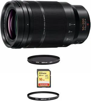 Panasonic LUMIX G Leica DG Vario-Elmarit 50-200mm f/2.8-4 Aspherical Lens for Micro Four Thirds, Bundle with Hoya 52mm UV+CPL Filter Kit, 32GB SDHC Card, Cleaning Cloth