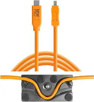 Tether Tools TetherBLOCK MC Multi Cable Mounting Plate with TetherPro 15' USB-C to Mini-USB 2.0 Type-B 8-Pin Cable, Orange