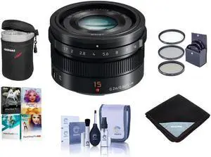 Panasonic Lumix G Leica DG Summilux 15mm f/1.7 Asph Lens for Micro Four Thirds, Black, Bundle w/Bower 46mm Filter Kit, ProOptic 46mm Filter Kit, Lens Case, Cleaning Kit, Lens Wrap, Software Kit