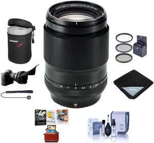 Fujifilm XF 90mm f/2 R LM WR Lens, Bundle with 62mm Filter Kit, Flex Lens Shade, Lens Wrap, Lens Case, Cleaning Kit, Lens Cap Tether, Mac Software Kit