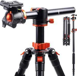 K&F Concept 4-Section Aluminum Tripod Monopod with Center Axle Transverse, Black/Orange