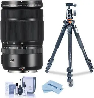 Fujifilm GF 45-100mm f/4 R LM WR Lens, Bundle with Takama 3-Section Aluminum Video Tripod with Fluid Head and Cleaning Kit