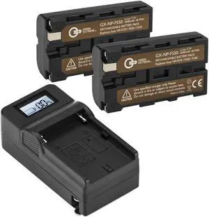 Green Extreme 2x NP-F550 7.2V 18.72Wh Batteries, Bundle with Green Extreme Smart Charger Base, Green Extreme Charger Plate