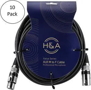 H&A Value Series 10 Pack XLR M to F Professional Microphone Cable - 25'