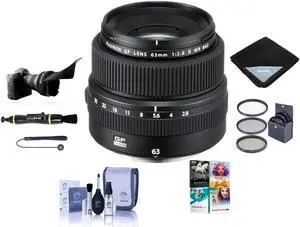 fujifilm fujinon gf 63mm f/2.8 r wr lens for gfx medium format system - bundle with 62mm filter kit, flex lens shade, lens wrap, lens pen cleaner, lens cap leash, cleaning kit, pc software package
