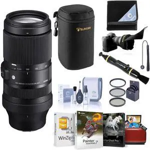 Sigma 100-400mm f/5-6.3 DG DN OS Contemporary Lens for Sony E, Bundle with 67mm Filter Kit, Mac Software Kit, Cleaning Kit, Flex Lens Shade, Lens Cap Tether, Cleaner, Lens Pouch