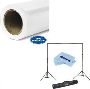 Savage Widetone Seamless Background Paper, 86" wide x 36' Super White, #1 - Bundle With Flashpoint 10' Background Support System Air Cushioned, Microfiber Cloth