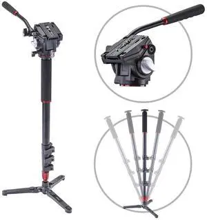 3Pod Orbit 4-Section Aluminum Handheld Monopod Stick for DSLR Photo & Video, Sports Cameras, with Fluid HD Video Head, Fluid Base Tripod Legs with Bag. 65"