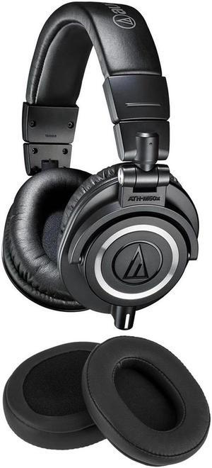 Audio-Technica ATH-M50x Headphones, Black - with H&A Extra Deep Leather Earpads