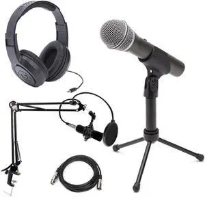 Samson Q2U Recording and Podcasting Pack with USB/XLR Dynamic Microphone - Bundle With Pyle PMKSH01 Desktop Suspension Microphone Boom Stand, Samson SR350 Over-Ear Stereo Headphones, 20' XLR Mic Cable