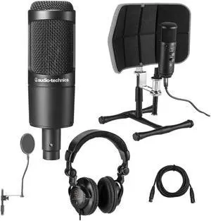 Audio-Technica AT2035 Cardioid Condenser Side-Address Microphone, - Bundle With Desktop Isolation Filter (Gray), H&A Studio Monitor Headphones, 15' XLR M to XLR F Mic Cable, On-Stage Pop Blocker
